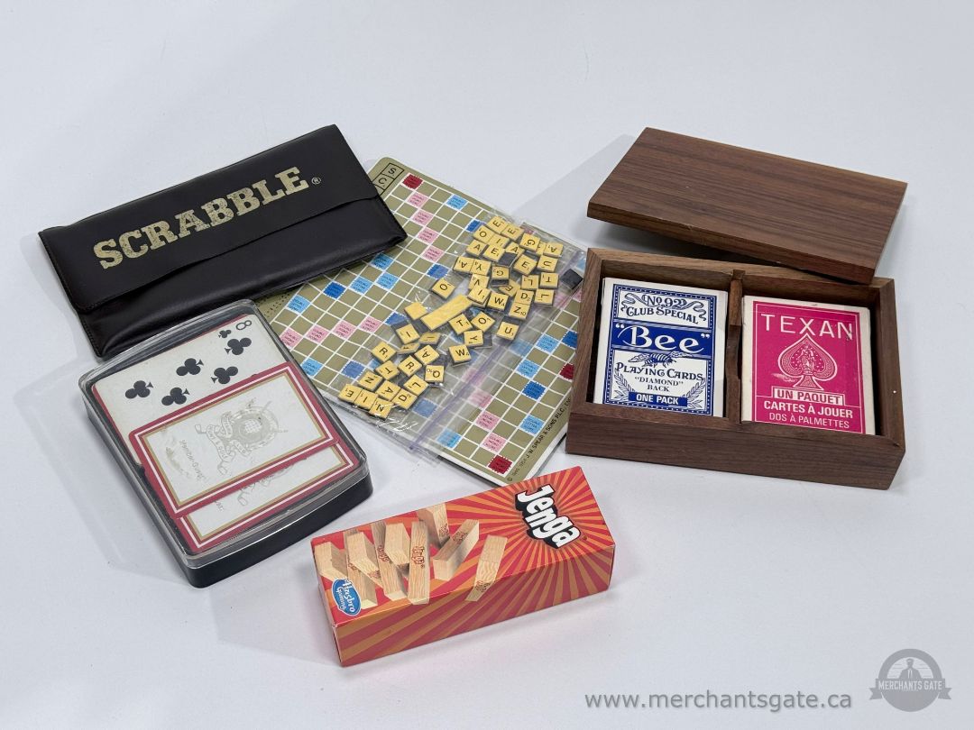 Vintage Board Game Night Bundle Scrabble Jenga Playing Cards Wood Card Box