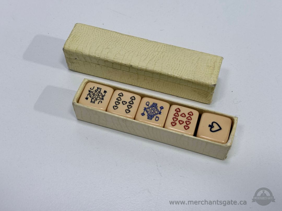 Vintage Bakelite Poker Dice Set with Original Box Card Game Dice Hearts Clubs Spades