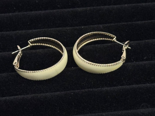 White Enamel Hoop Earrings with Silver Tone Trim 1" Vintage Style Hoops
