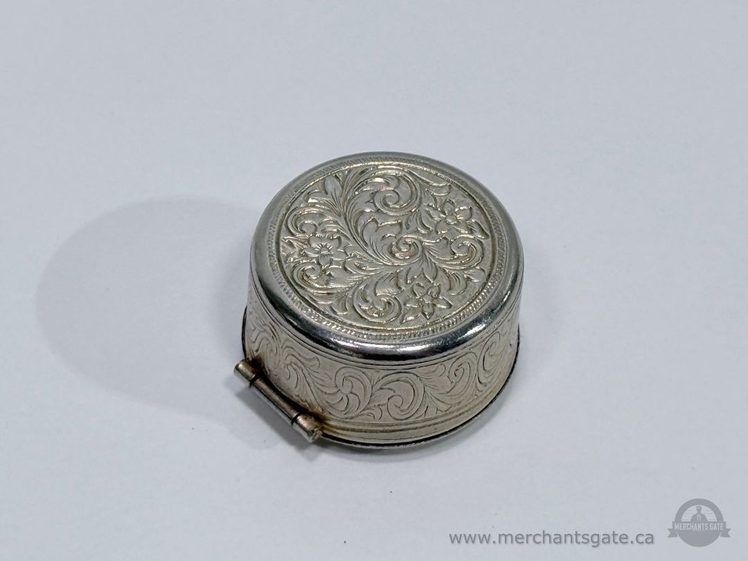 Vintage Porcelain Lid Trinket Box with Courting Scene Silver Tone Engraved Case