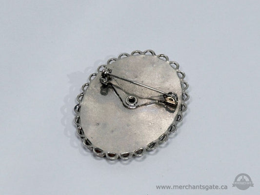 Vintage Abalone Shell Oval Brooch Silver Tone Filigree Edge Costume Jewelry