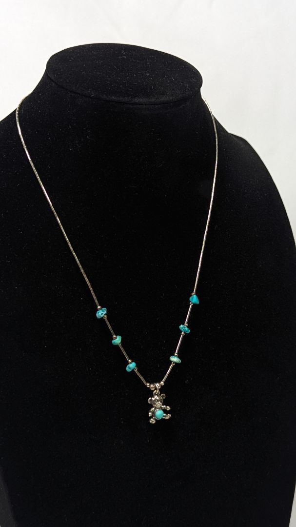 Sterling Silver Kids / Youth Teddy Bear Snake Style Necklace + Turquoise Stones