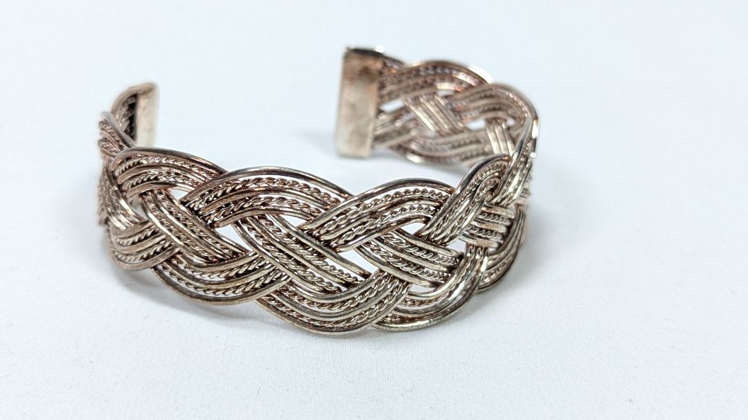 Sterling Silver Braided Pleated Wire Bangle Bracelet Silver Twisted Wire Bracelet / 32g