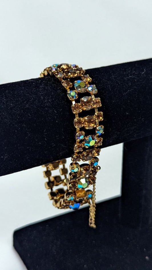 Vintage Aurora Borealis Crystal Bracelet Gold Tone