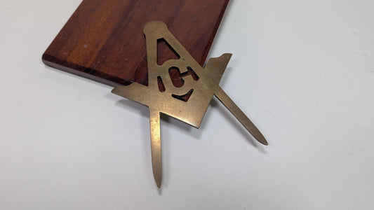 Rare! Vintage Masonic Square and Compasses Heavy Brass on Wood Wall Plaque