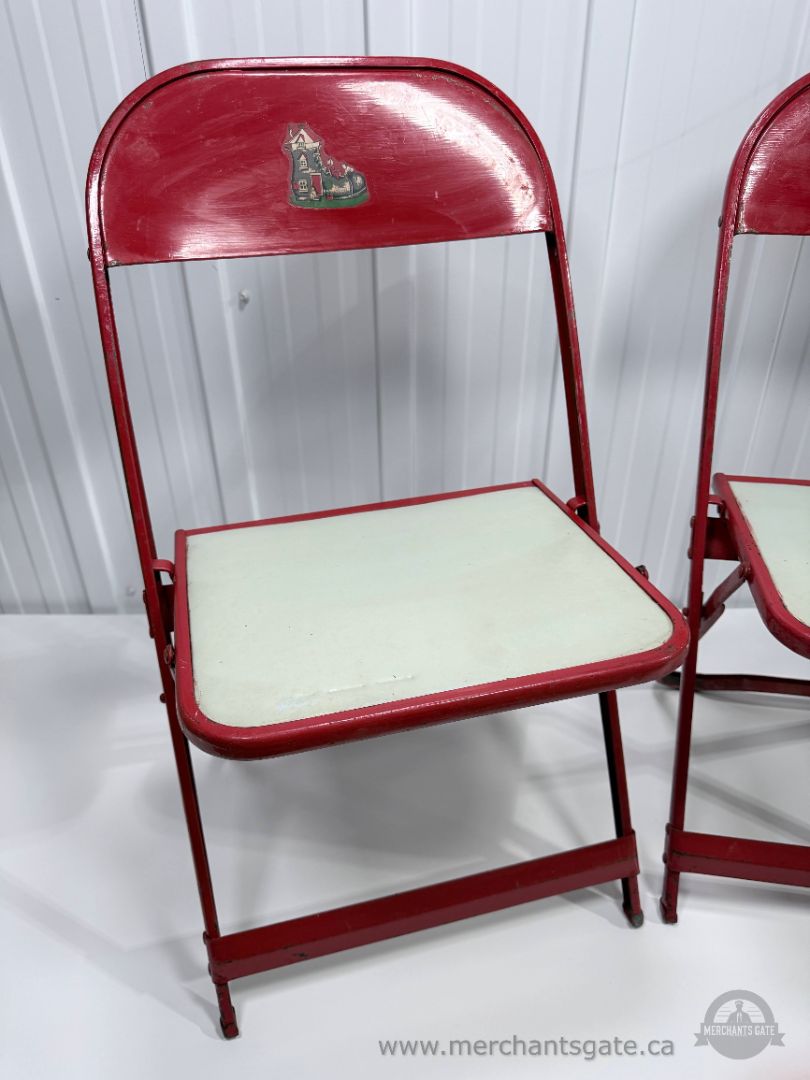 Vintage Red Painted Metal Folding Chairs Pair Padded Seats Retro Utility Chairs