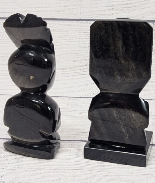 Obsidian Gold Sheen Hand Carved Tribal Figures Pair 4.25" Sculptures