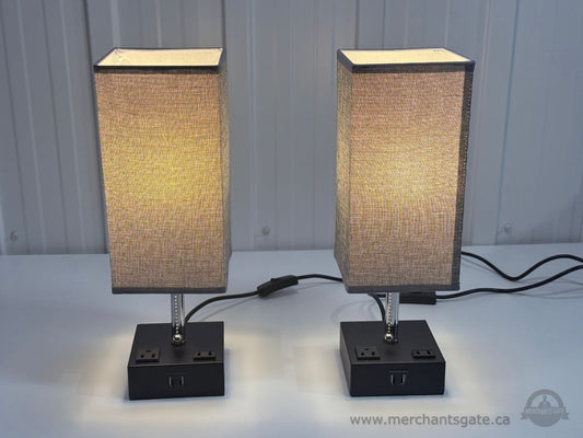 Modern Table Lamps Set with USB Ports Power Outlets Fabric Shades 15.5" Tall