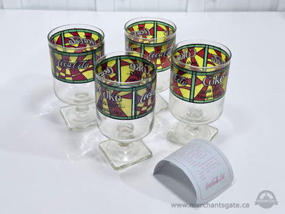 Vintage Coca Cola Stained Glass Style Goblet Glasses Set of 4 Coke Pedestal Tumblers