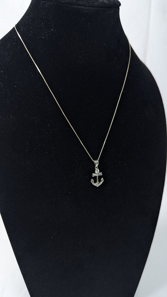 Sterling Silver .925 Adjustable Necklace + Anchor CZ Stone Silver Pendant / 16" Length