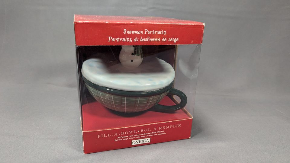 New! Oneida Snowman Portraits Christmas Fill-A-Bowl & Lid Mint in Box Fiddlestix