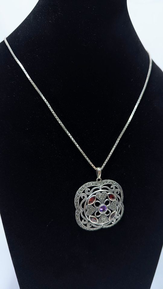 Vintage Large Celtic Sterling Pendant + 925 Silver 27" Box Chain / Garnet + Amethyst