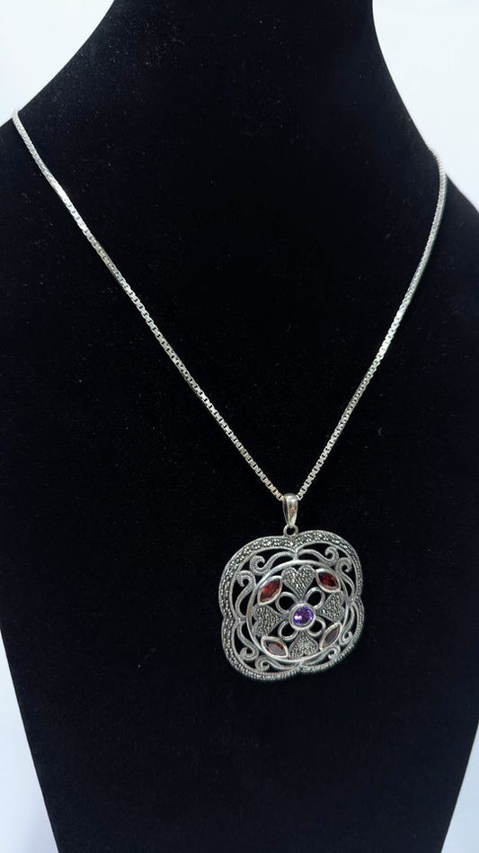Vintage Large Celtic Sterling Pendant + 925 Silver 27" Box Chain / Garnet + Amethyst