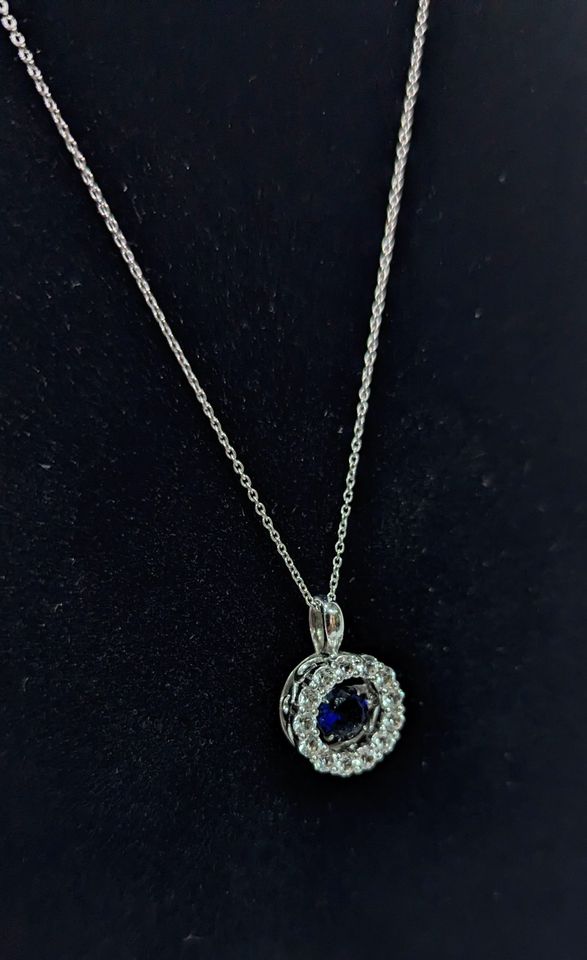 Sterling Silver 925 Roll 18" Chain + Sterling Pendant with Sapphire + CZ Stones