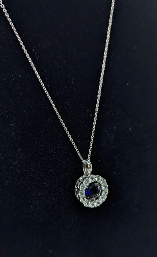 Sterling Silver 925 Roll 18" Chain + Sterling Pendant with Sapphire + CZ Stones