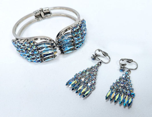 Vintage Crystal Clamper Bracelet + Matching Earrings Aurora Borealis