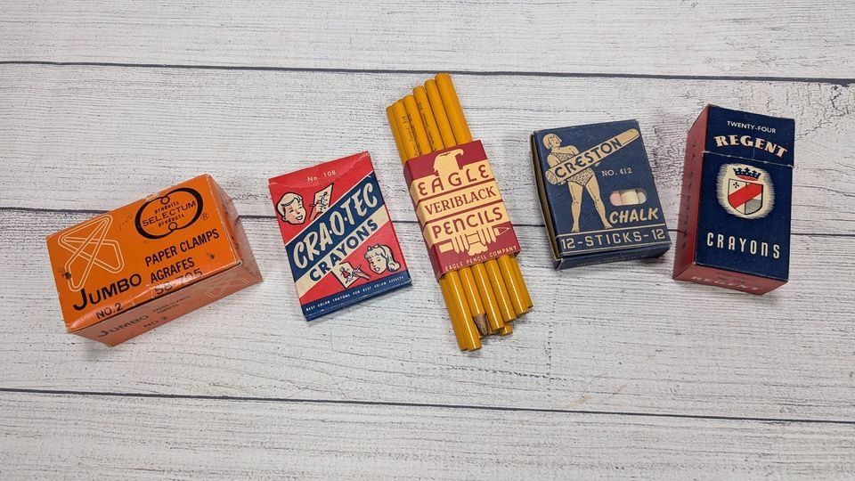 Antique New Old Stock School Supplies Crayons Pencils Chalk LOT!