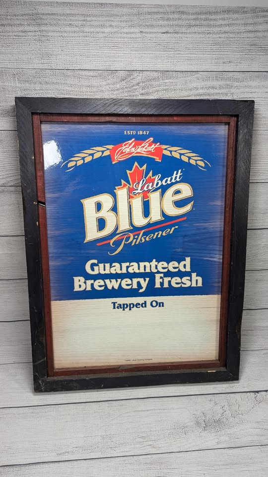 Vintage 80's Labatt Blue Pilsener Wood Bar Framed Sign / 18" x 24"