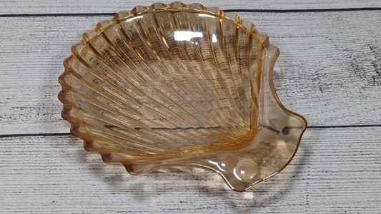 Vintage Amber Iridescent Shell Shaped Candy Dish / Bowl Carnival Glass?