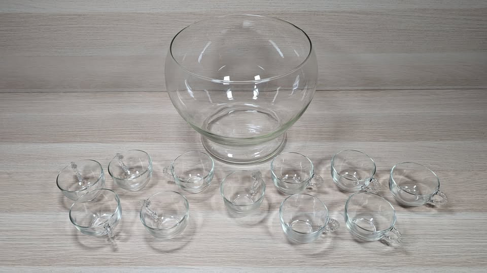 Large Glass Punch Bowl + 11 Glass Cups /