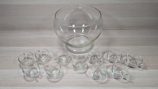 Large Glass Punch Bowl + 11 Glass Cups /