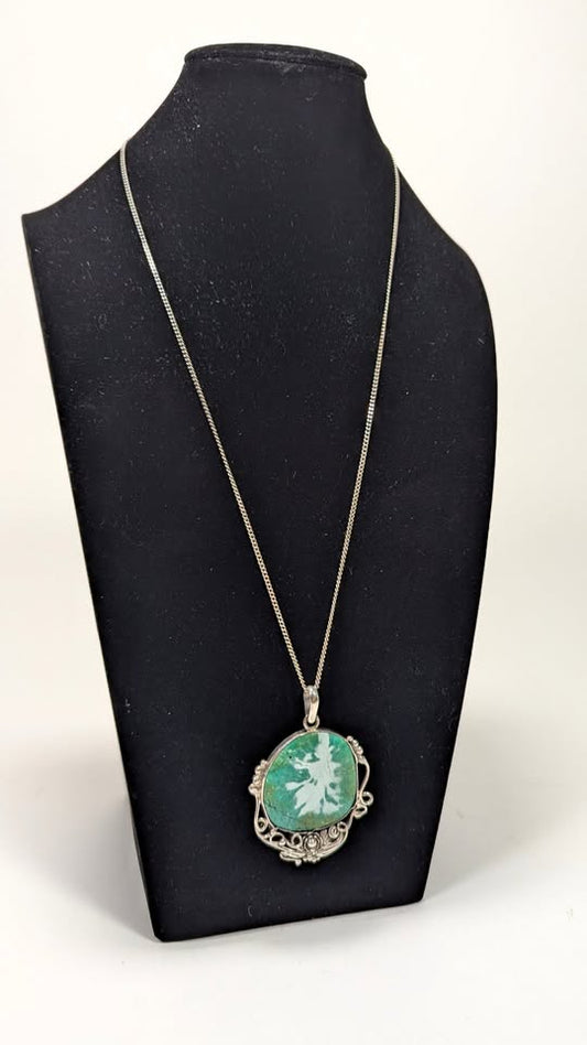 Vintage Navajo Large Turquoise Sterling Pendant + 925 23" Curb Link Necklace -