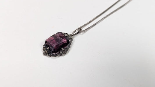 Vintage Polished Amethyst Sterling Pendant + 18" 925. Snake Necklace