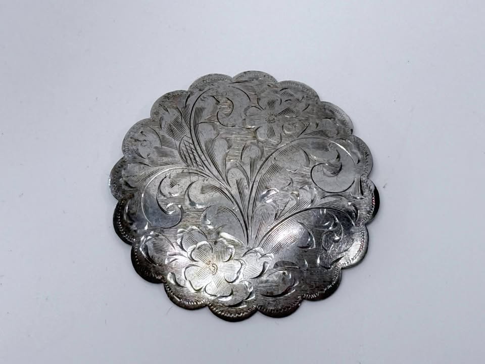 Large Sterling Silver Floral Pin Hand Engraved Scalloped Brooch