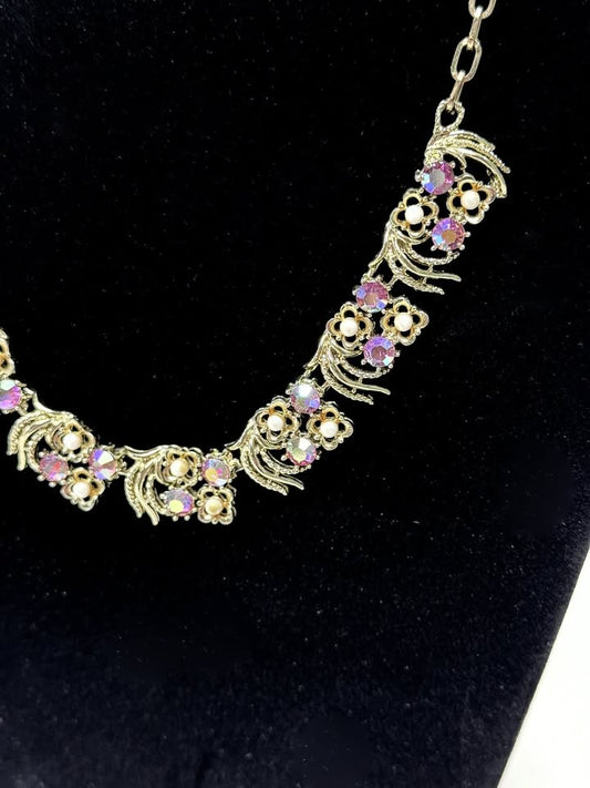 Floral Costume Necklace With Pink Aurora Borealis Rhinestones And Faux Pearls 1990s