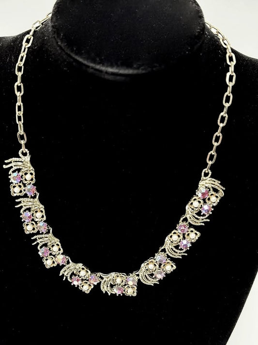 Floral Costume Necklace With Pink Aurora Borealis Rhinestones And Faux Pearls 1990s