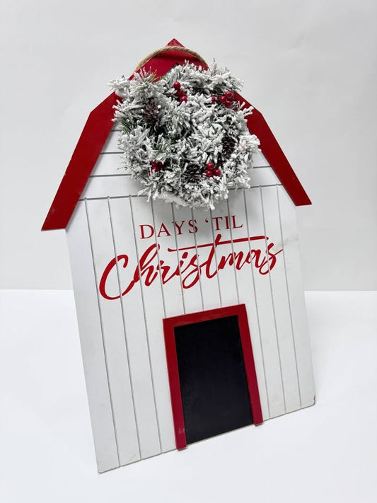 Rustic Christmas Countdown Barn Sign with Wreath and Chalkboard