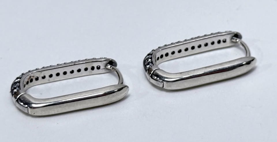 Sterling Silver S925 Earrings CZ Pave Huggie Style Oval Hoop