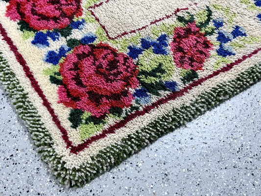 Vintage Handwoven Floral Rose Wool Rug 62"x33.5” Shag Border Cottagecore