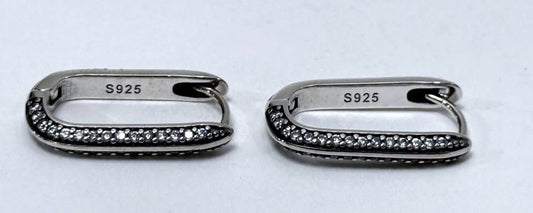 Sterling Silver S925 Earrings CZ Pave Huggie Style Oval Hoop