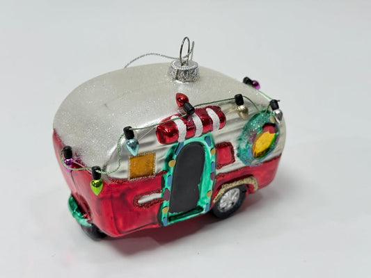 Glass Camper Christmas Ornament, Retro Trailer Style, 4.5 in Approx