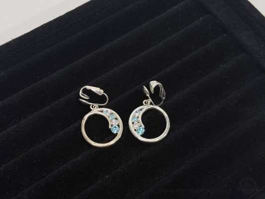 925 Sterling Silver Clip On Earrings Blue Clear Stones Circle Dangle Vintage Style
