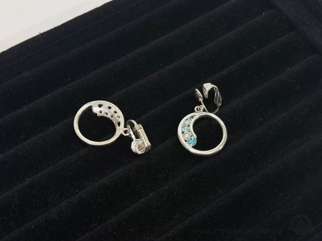 925 Sterling Silver Clip On Earrings Blue Clear Stones Circle Dangle Vintage Style