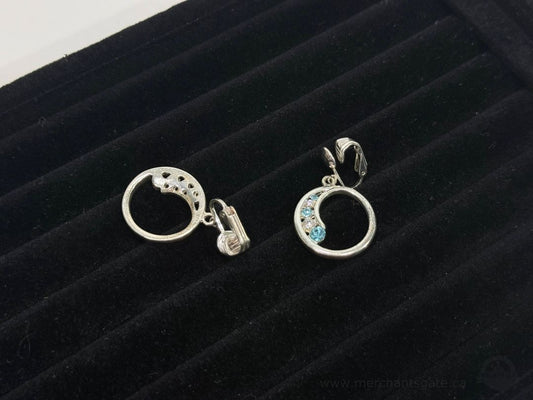 925 Sterling Silver Clip On Earrings Blue Clear Stones Circle Dangle Vintage Style