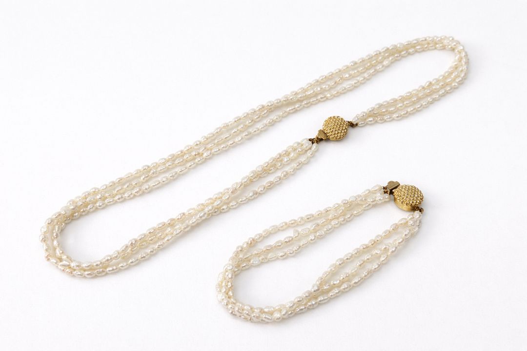 Vintage Triple Strand Freshwater Pearl Necklace and Bracelet Set with Gold-Tone Clasp