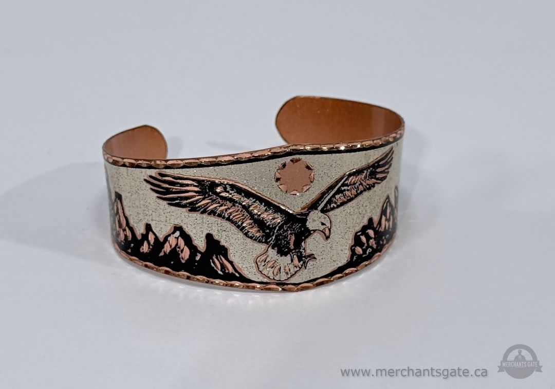Copper Eagle Mountain Scene Cuff Bracelet Western Style Etched Copper Bangle