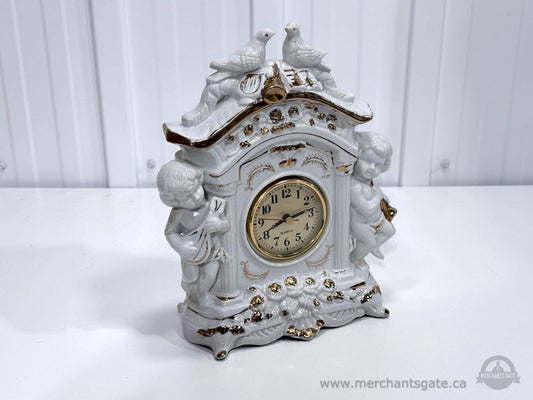 Vintage Style Porcelain Mantel Clock Cherubs Doves White Gold Decorative Quartz