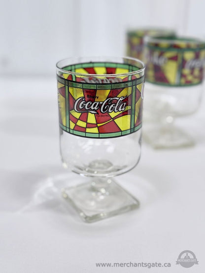 Vintage Coca Cola Stained Glass Style Goblet Glasses Set of 4 Coke Pedestal Tumblers