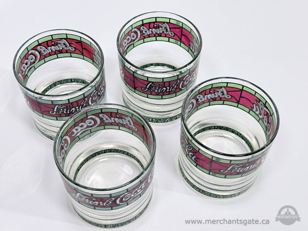 Vintage Coca Cola Stained Glass Style Whiskey Glasses Set of 4 Coke Bar Tumblers