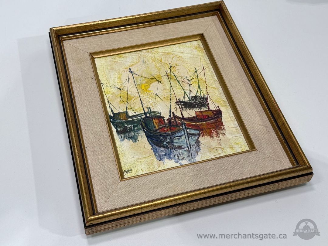 Vintage Framed Boat Harbor Painting Textured Mid Century Nautical Wall Art
