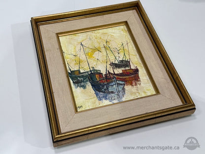 Vintage Framed Boat Harbor Painting Textured Mid Century Nautical Wall Art