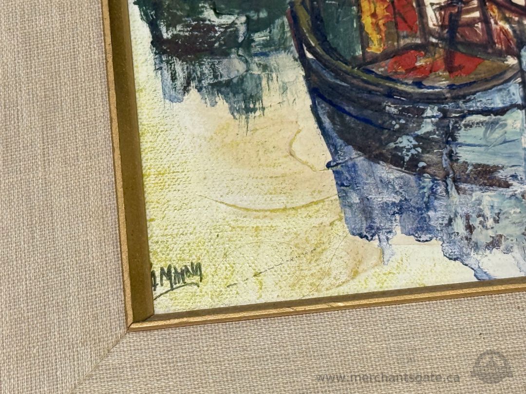 Vintage Framed Boat Harbor Painting Textured Mid Century Nautical Wall Art