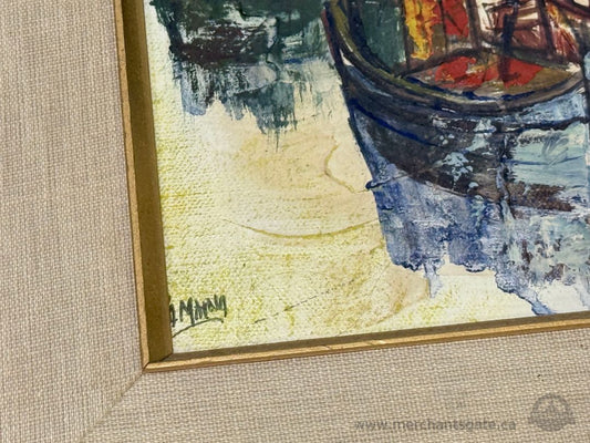 Vintage Framed Boat Harbor Painting Textured Mid Century Nautical Wall Art