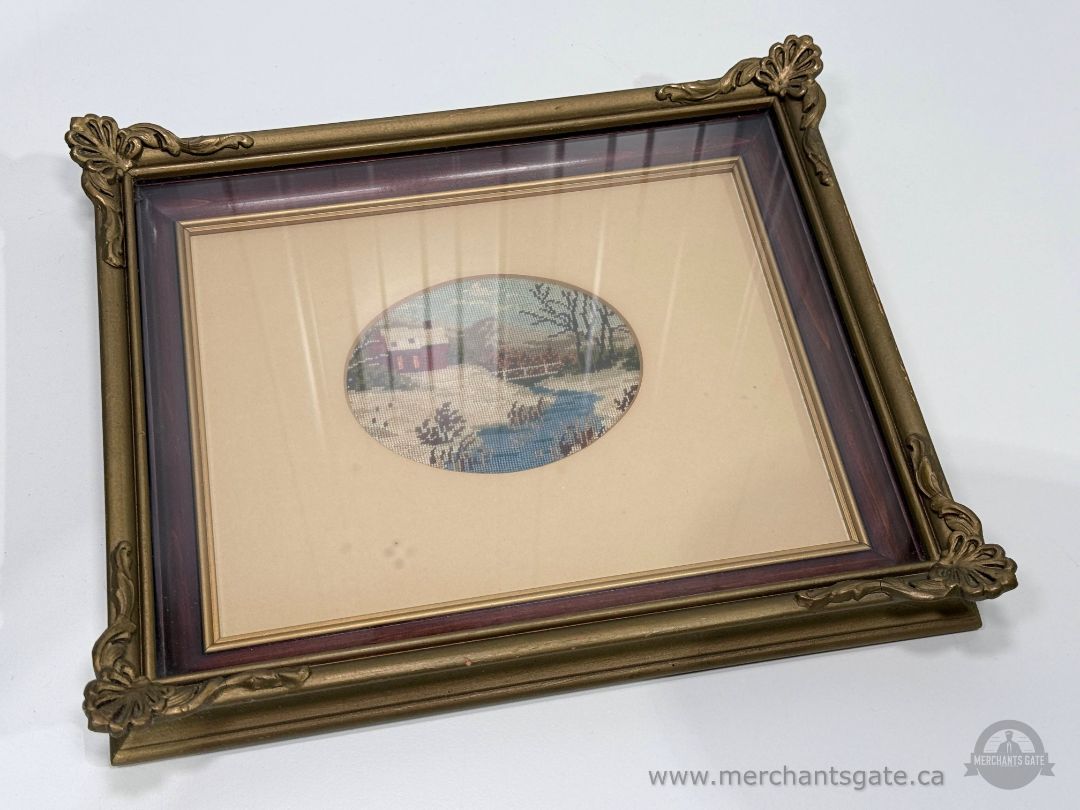 Vintage 1946 Framed Needlepoint Landscape Artwork Oval Hand Stitched