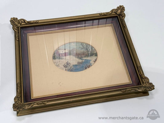 Vintage 1946 Framed Needlepoint Landscape Artwork Oval Hand Stitched