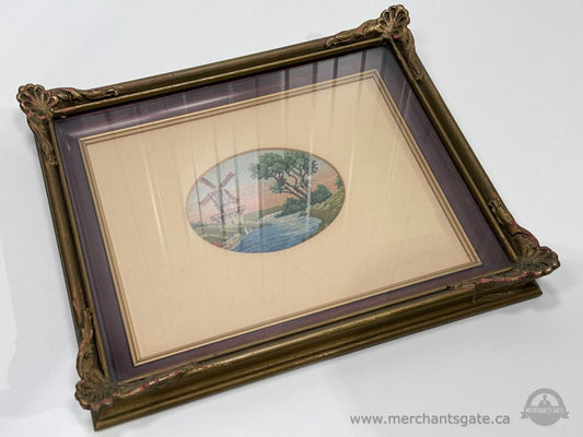 Vintage 1946 Framed Needlepoint Windmill Landscape Hand Stitched Artwork